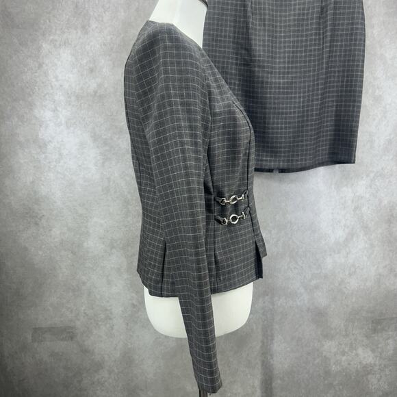 VTG Scarlett Skirt Suit Set Womens 4 Charcoal Windowpane Zip Jacket Hardware 90s - Picture 3 of 10